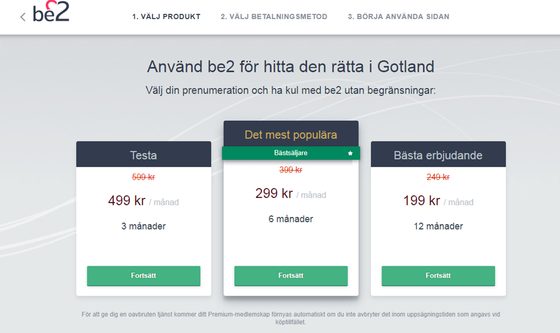 Skärmdump av priserna hos be2