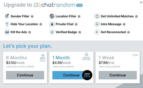Skärmdump av priserna hos Chatrandom
