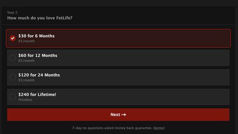 Skärmdump av priserna hos FetLife