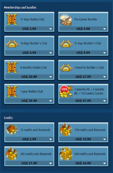 Skärmdump av priserna hos Habbo