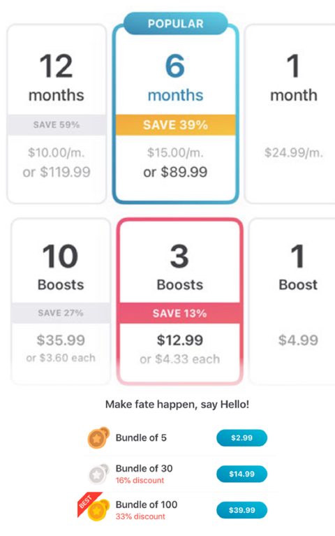 Skärmdump av priserna hos Happn