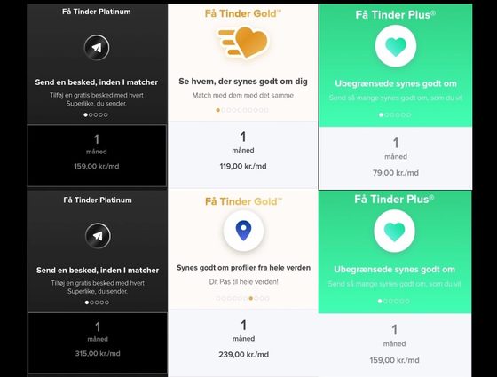 Skärmdump av priserna hos Tinder