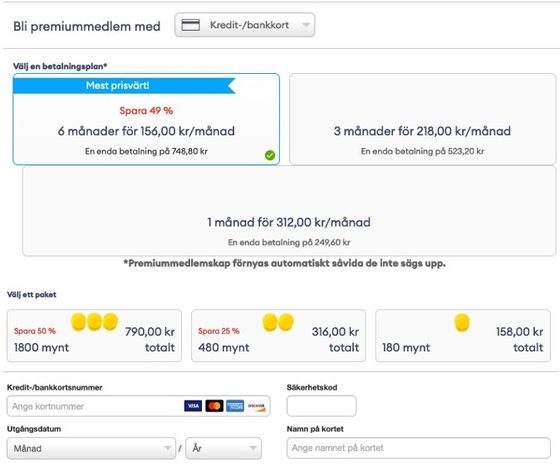 Skärmdump av priserna hos Zoosk